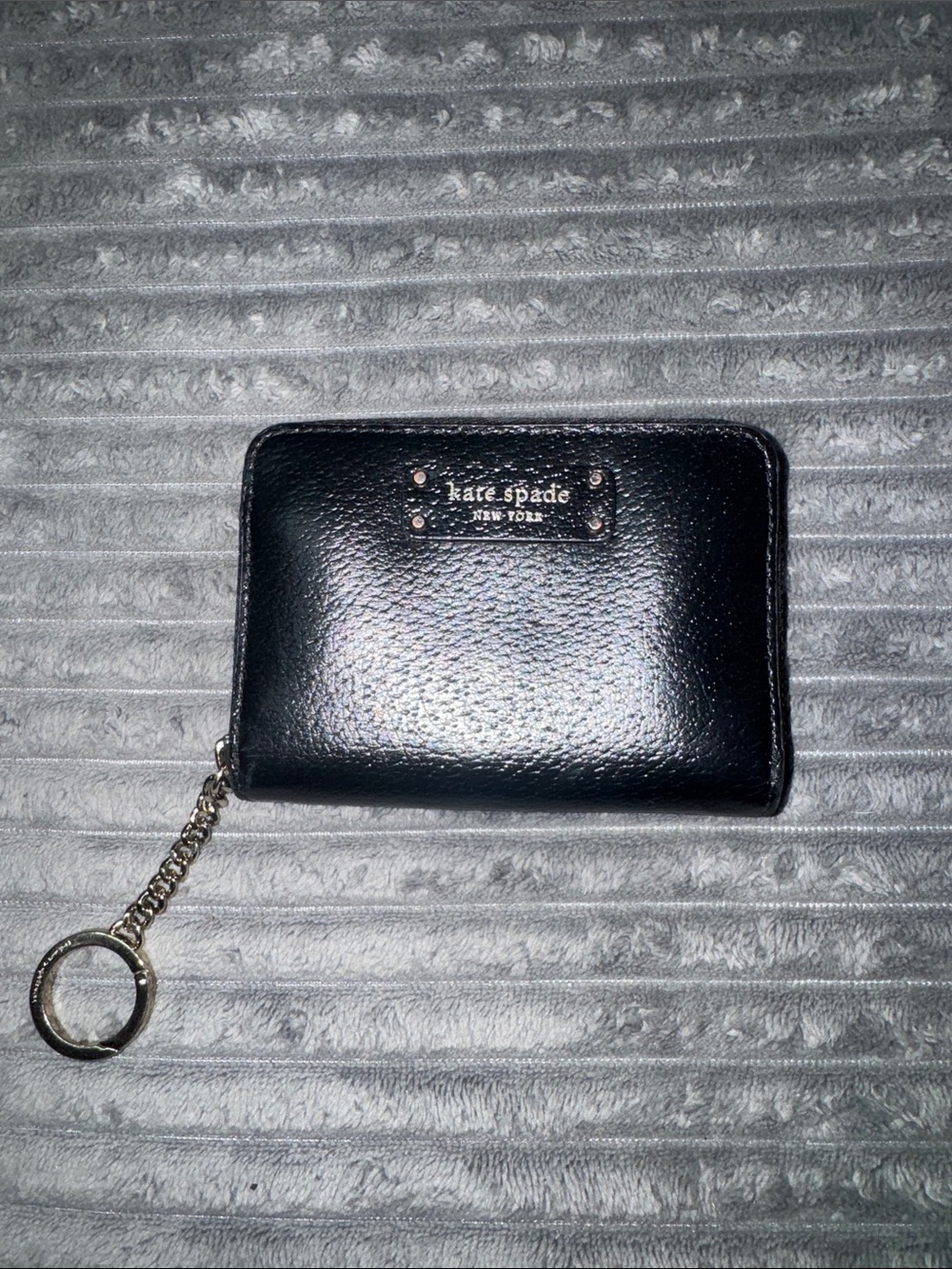 kate spade Black Pebbled Leather Zip Key Card Holder with Chain